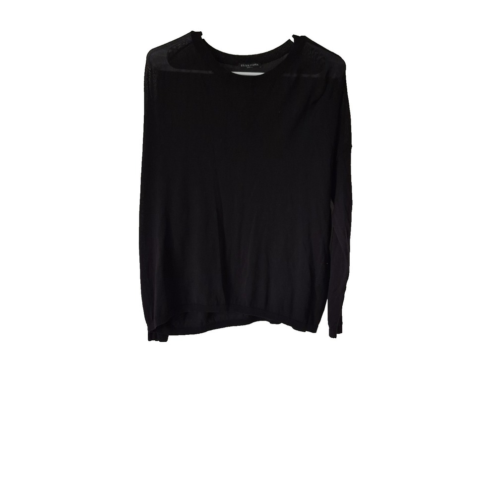 Eileen Fisher Blouse Large black Semi Sheer Round Neck Long Sleeve Pullover